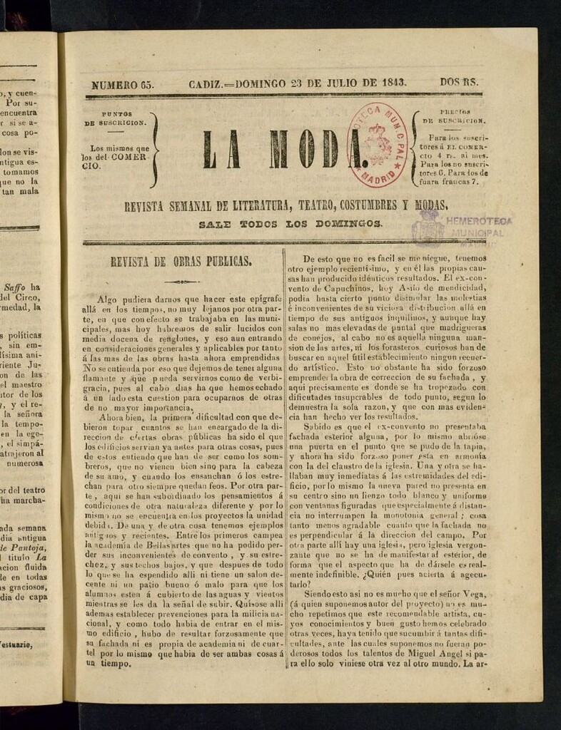 Miniatura de La Moda : revista semanal de literatura, teatros, costumbres y modas del 23 de julio de 1843