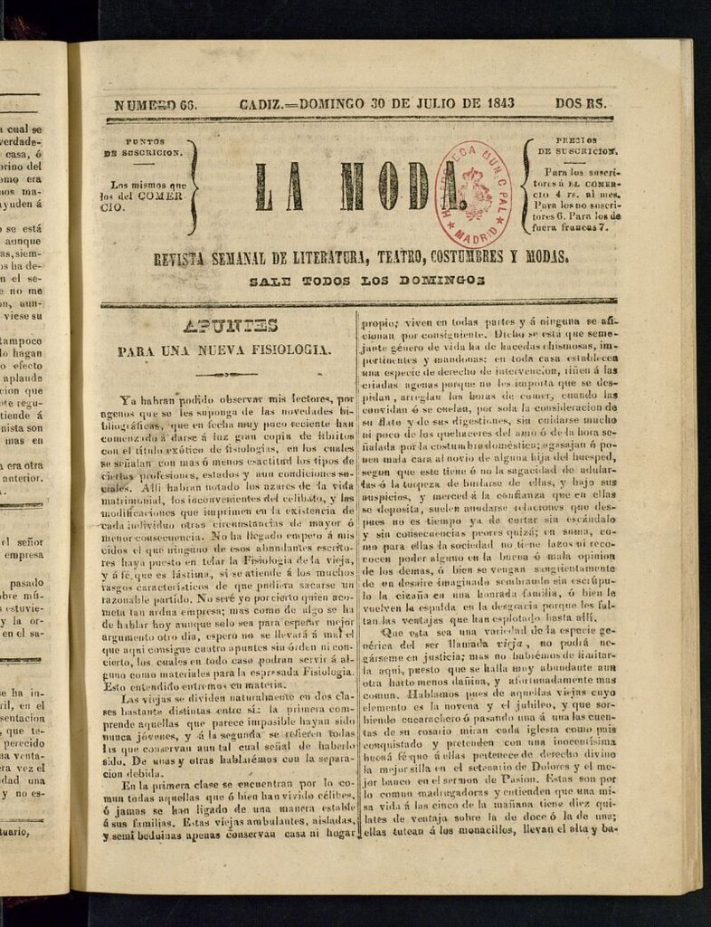 Miniatura de La Moda : revista semanal de literatura, teatros, costumbres y modas del 30 de julio de 1843
