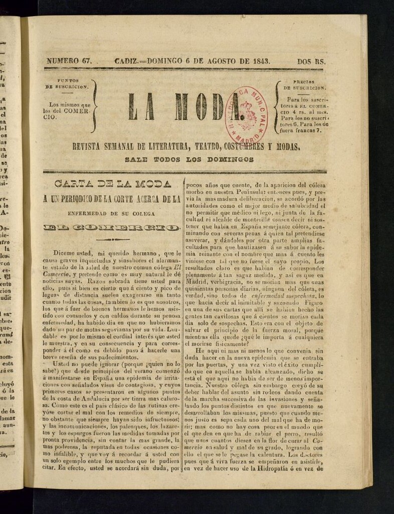 Miniatura de La Moda : revista semanal de literatura, teatros, costumbres y modas del 6 de agosto de 1843