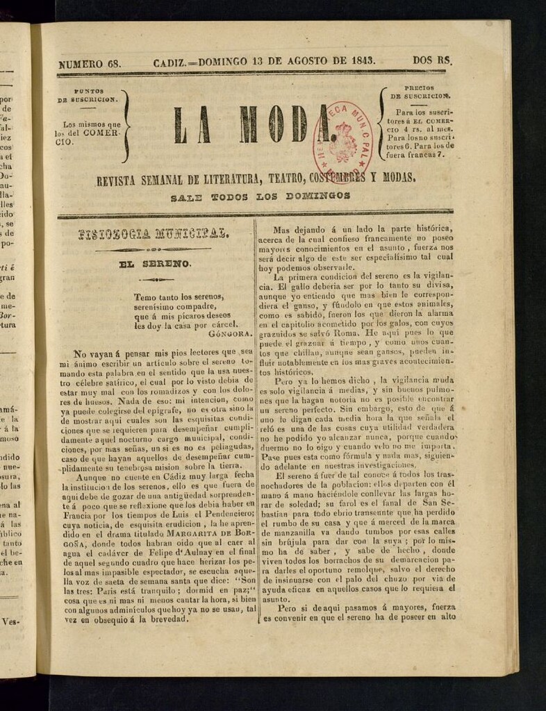 Miniatura de La Moda : revista semanal de literatura, teatros, costumbres y modas del 13 de agosto de 1843