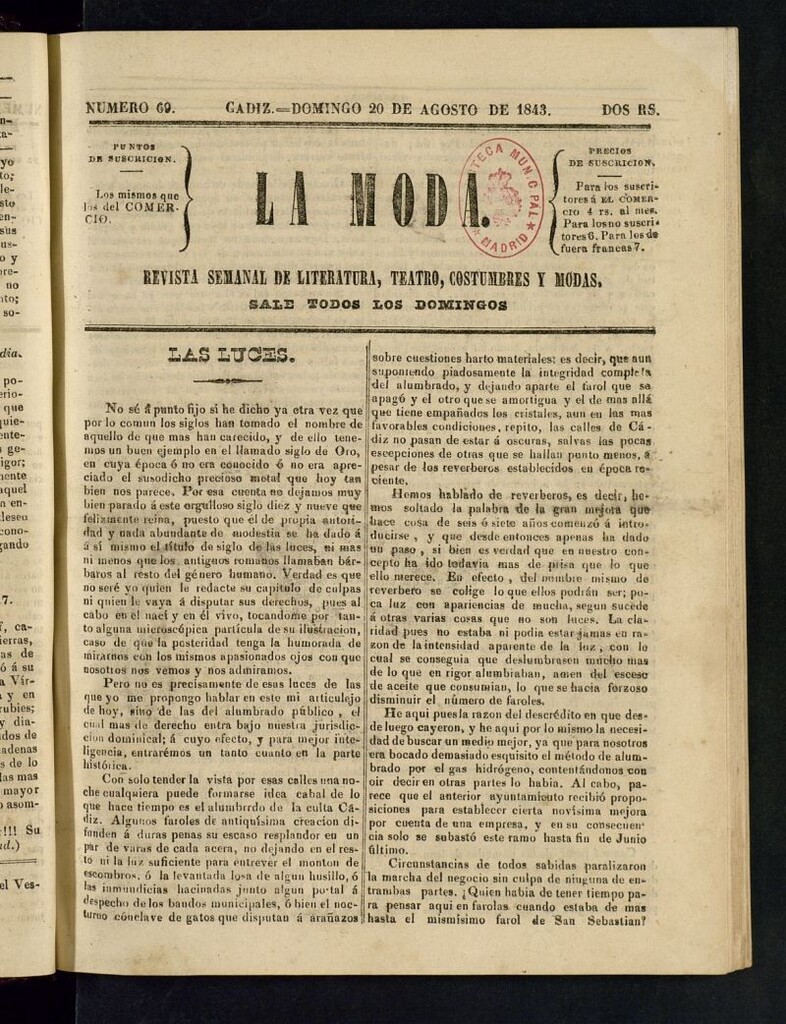 Miniatura de La Moda : revista semanal de literatura, teatros, costumbres y modas del 20 de agosto de 1843