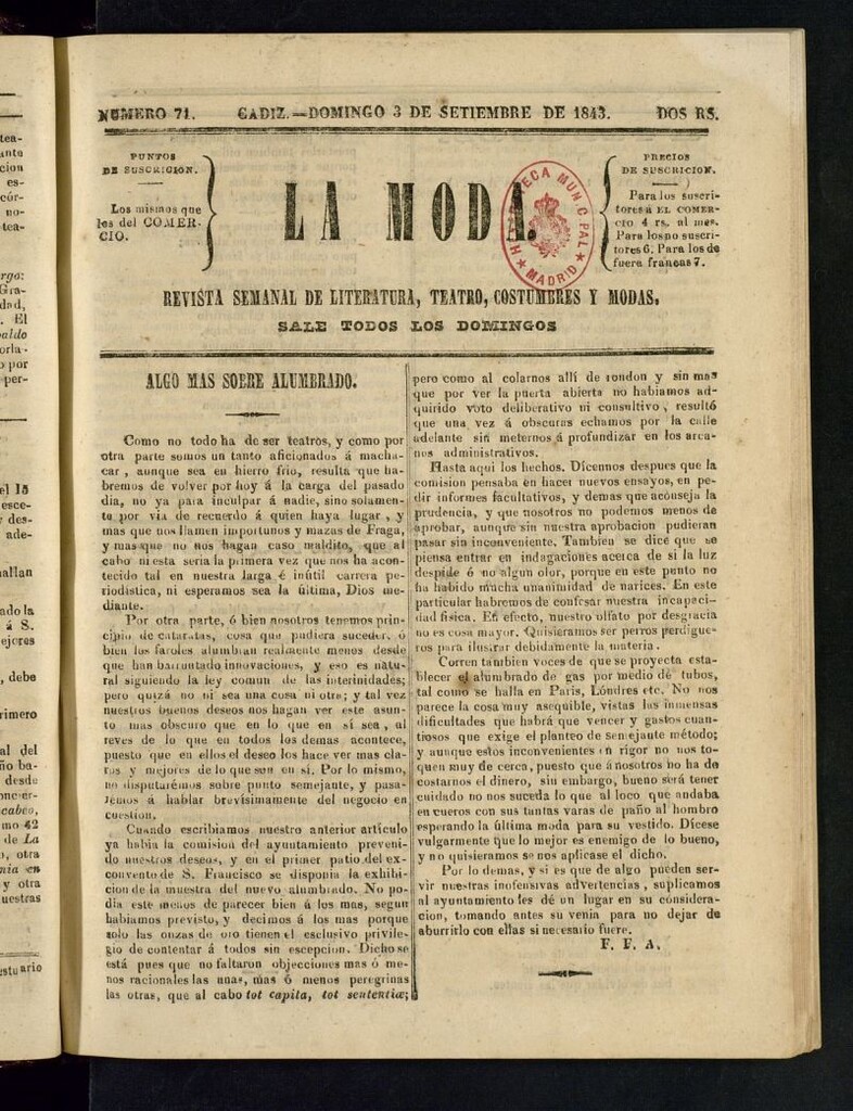 Miniatura de La Moda : revista semanal de literatura, teatros, costumbres y modas del 3 de septiembre de 1843