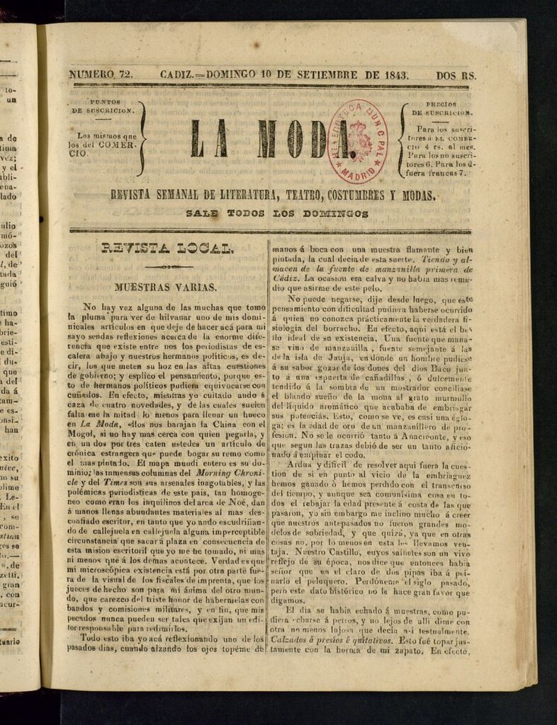 Miniatura de La Moda : revista semanal de literatura, teatros, costumbres y modas del 10 de septiembre de 1843