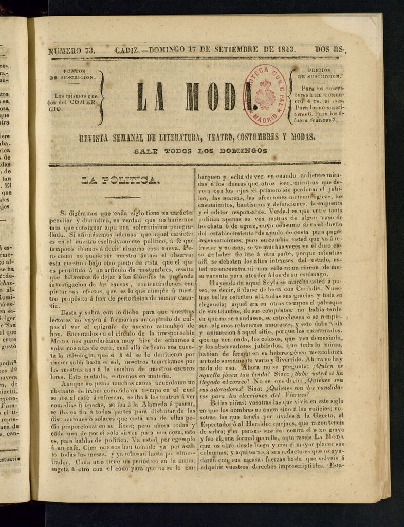 Miniatura de La Moda : revista semanal de literatura, teatros, costumbres y modas del 17 de septiembre de 1843