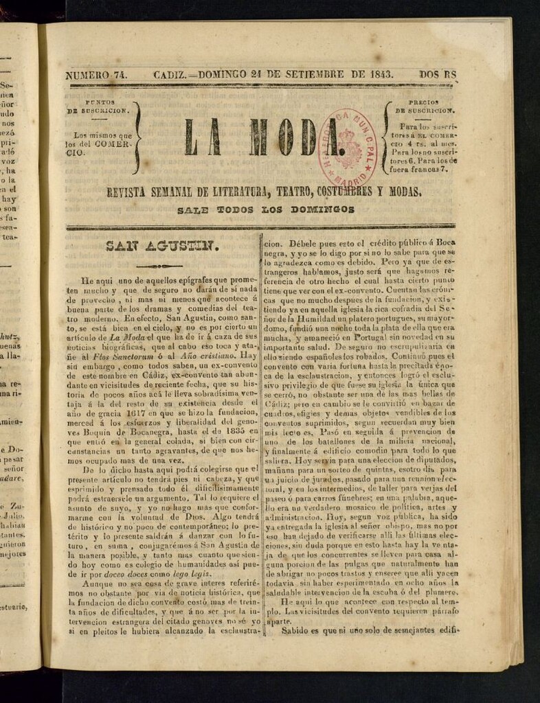 Miniatura de La Moda : revista semanal de literatura, teatros, costumbres y modas del 24 de septiembre de 1843