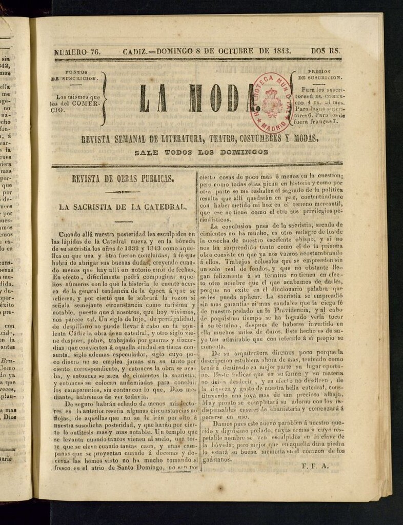 Miniatura de La Moda : revista semanal de literatura, teatros, costumbres y modas del 8 de octubre de 1843