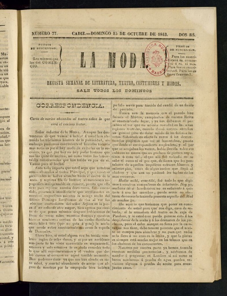 Miniatura de La Moda : revista semanal de literatura, teatros, costumbres y modas del 15 de octubre de 1843