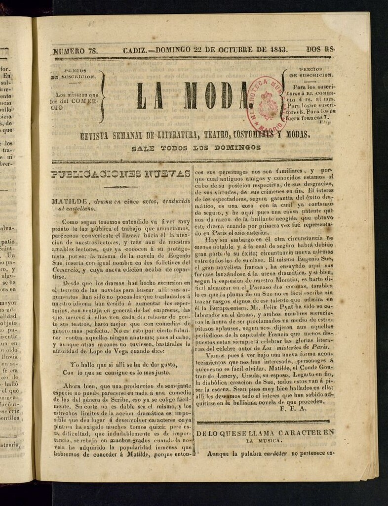 Miniatura de La Moda : revista semanal de literatura, teatros, costumbres y modas del 22 de octubre de 1843