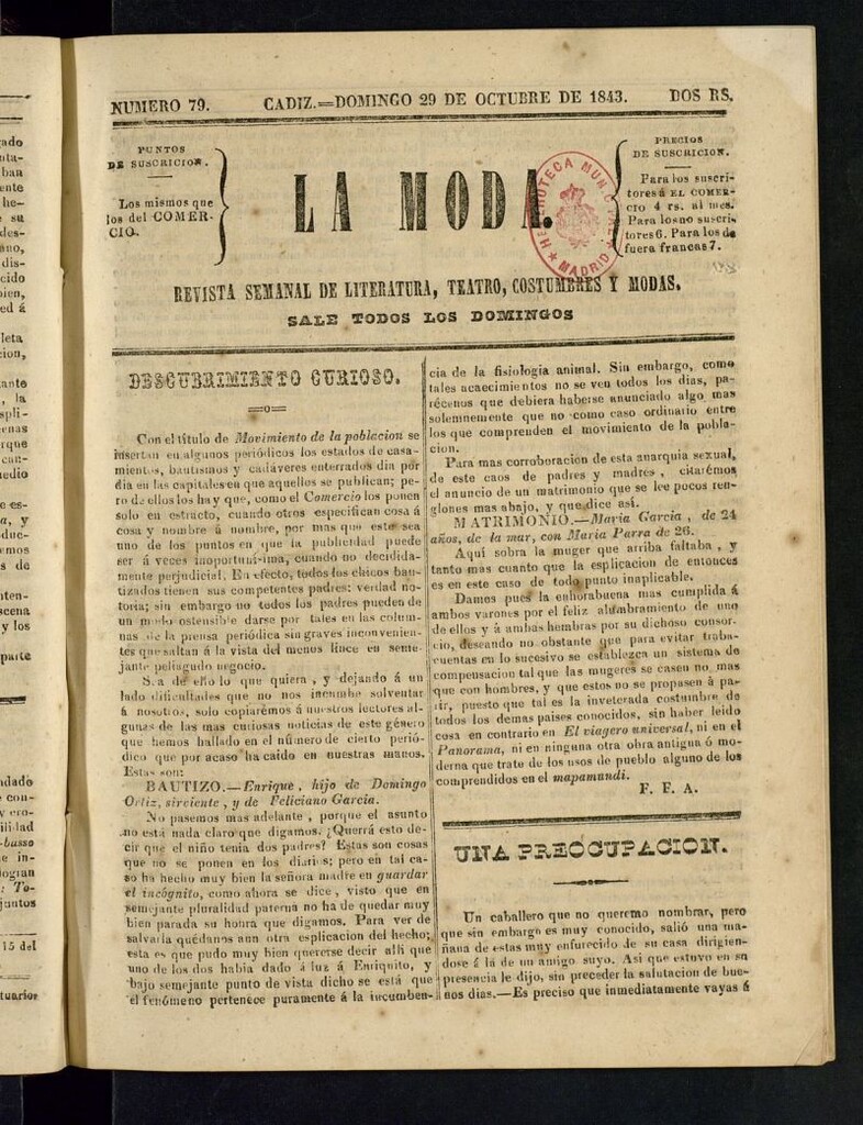 Miniatura de La Moda : revista semanal de literatura, teatros, costumbres y modas del 29 de octubre de 1843
