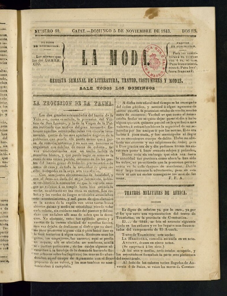 Miniatura de La Moda : revista semanal de literatura, teatros, costumbres y modas del 5 de noviembre de 1843