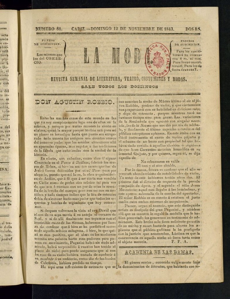 Miniatura de La Moda : revista semanal de literatura, teatros, costumbres y modas del 12 de noviembre de 1843