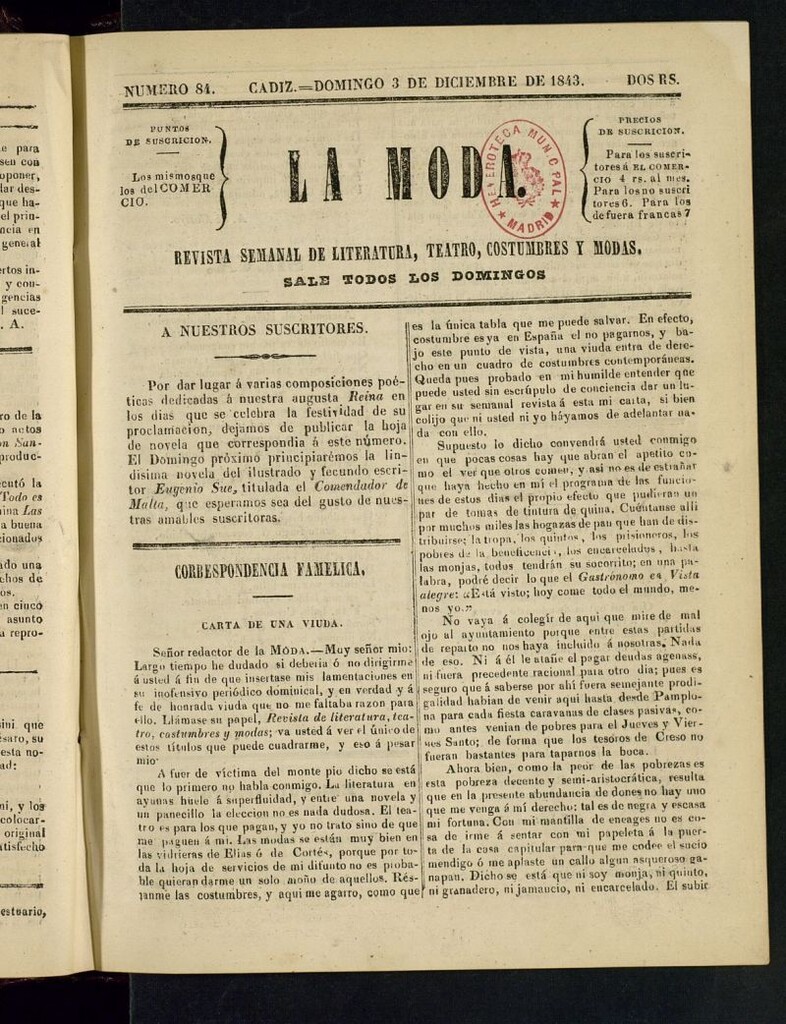 Miniatura de La Moda : revista semanal de literatura, teatros, costumbres y modas del 3 de diciembre de 1843