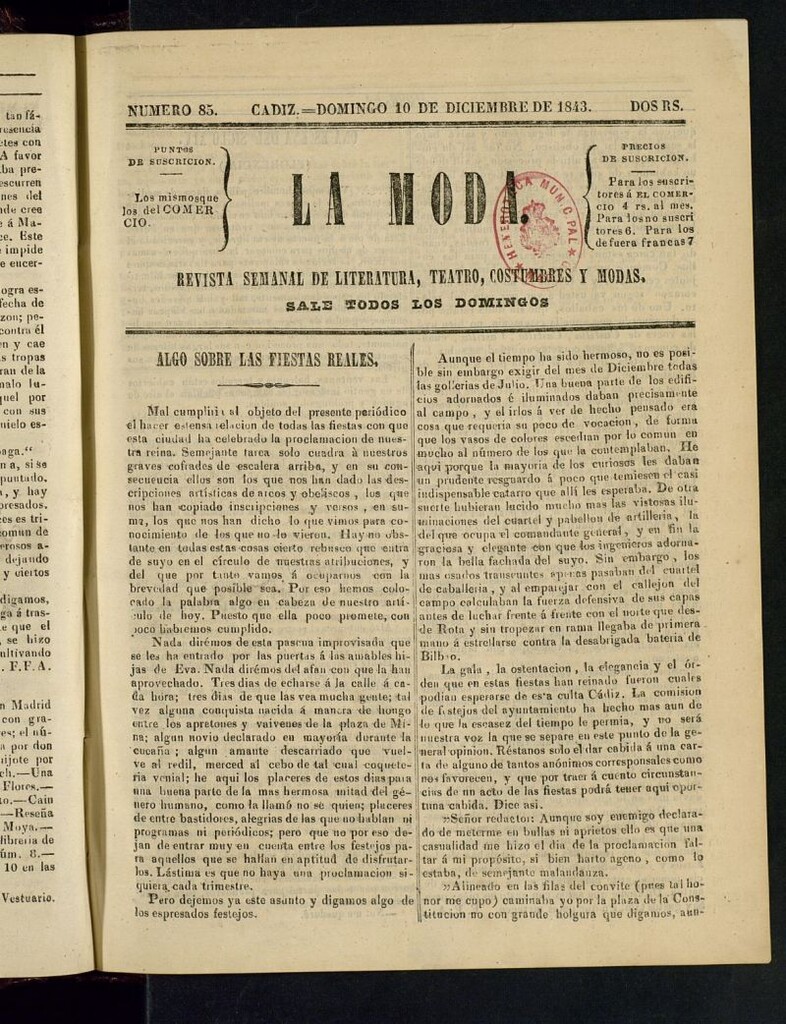 Miniatura de La Moda : revista semanal de literatura, teatros, costumbres y modas del 10 de diciembre de 1843