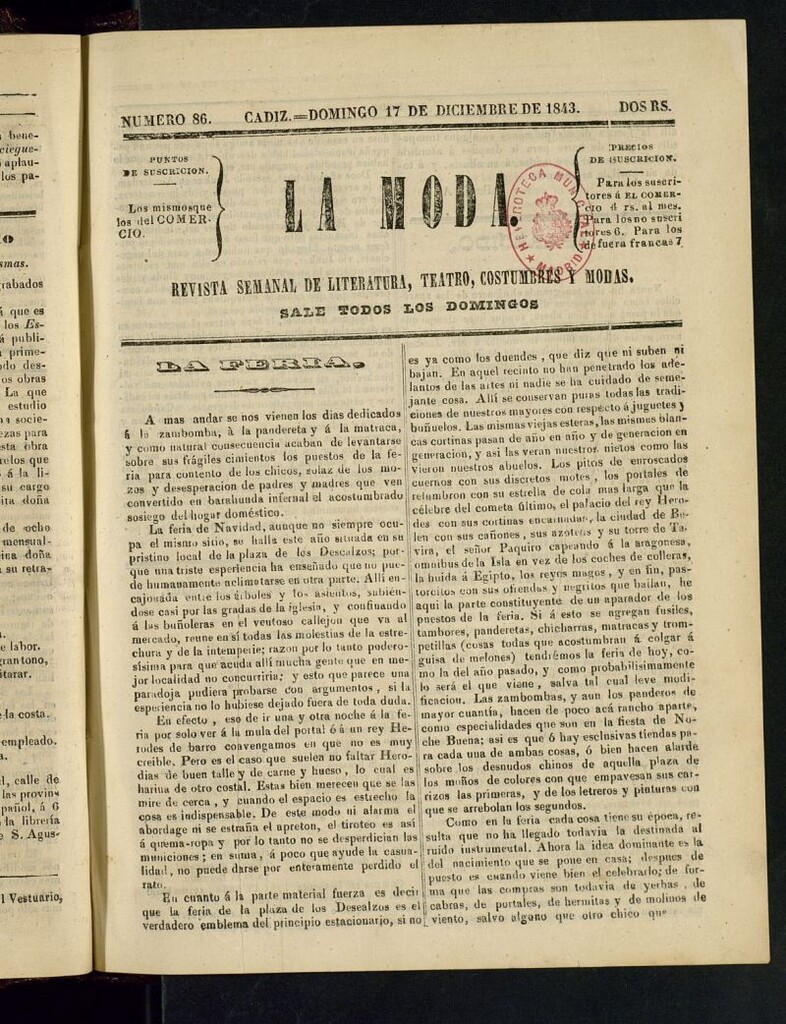 Miniatura de La Moda : revista semanal de literatura, teatros, costumbres y modas del 17 de diciembre de 1843