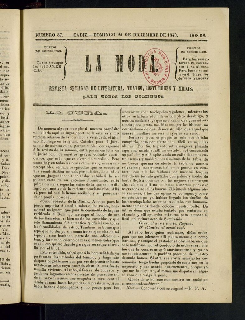 Miniatura de La Moda : revista semanal de literatura, teatros, costumbres y modas del 24 de diciembre de 1843