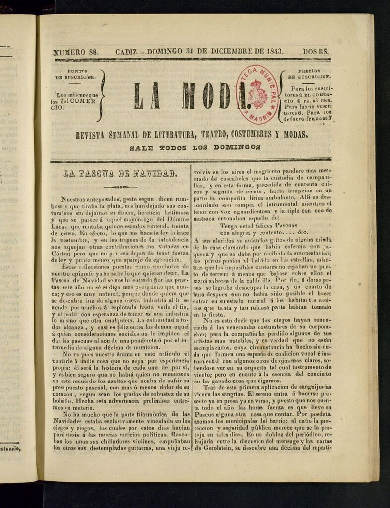 Miniatura de La Moda : revista semanal de literatura, teatros, costumbres y modas del 31 de diciembre de 1843