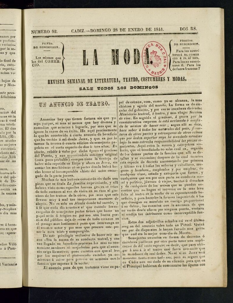 Miniatura de La Moda : revista semanal de literatura, teatros, costumbres y modas del 28 de enero de 1844