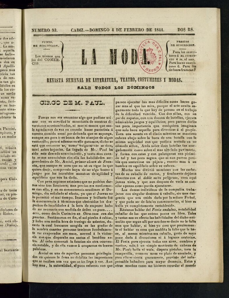 Miniatura de La Moda : revista semanal de literatura, teatros, costumbres y modas del 4 de febrero de 1844