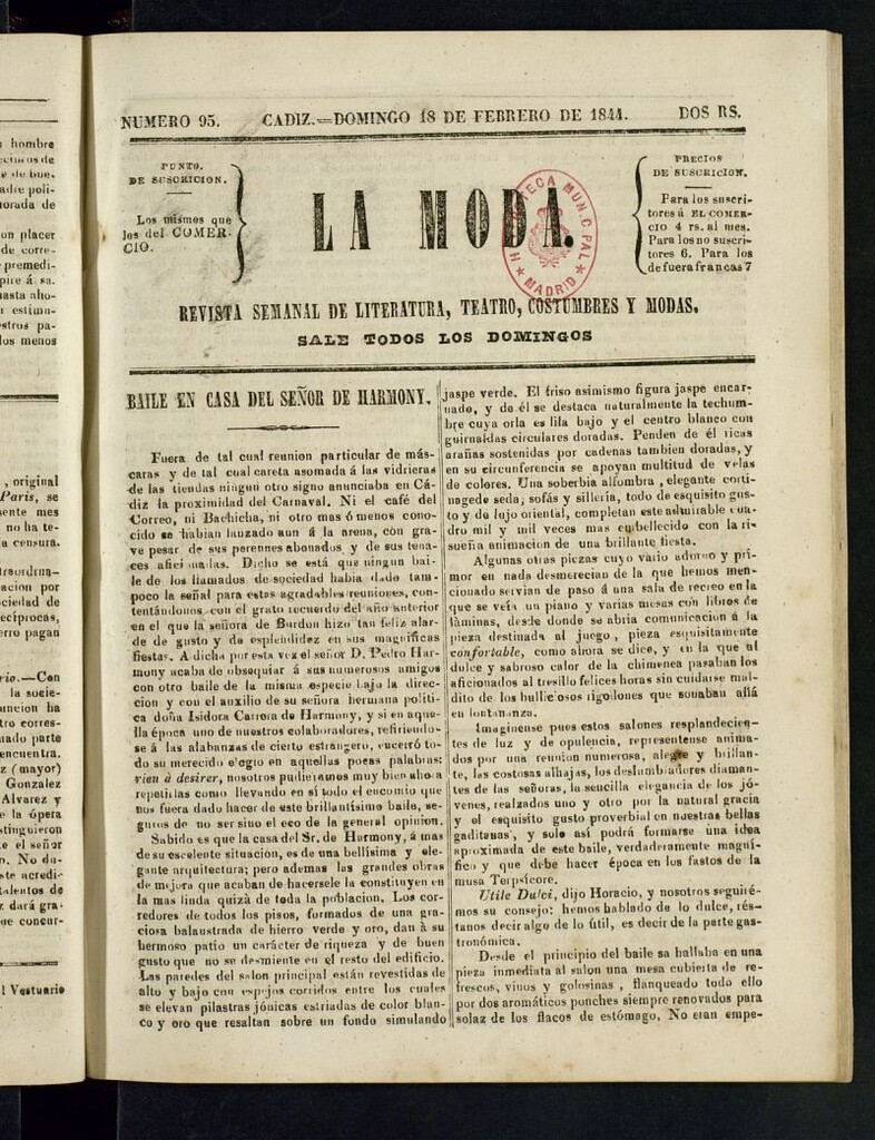 Miniatura de La Moda : revista semanal de literatura, teatros, costumbres y modas del 18 de febrero de 1844