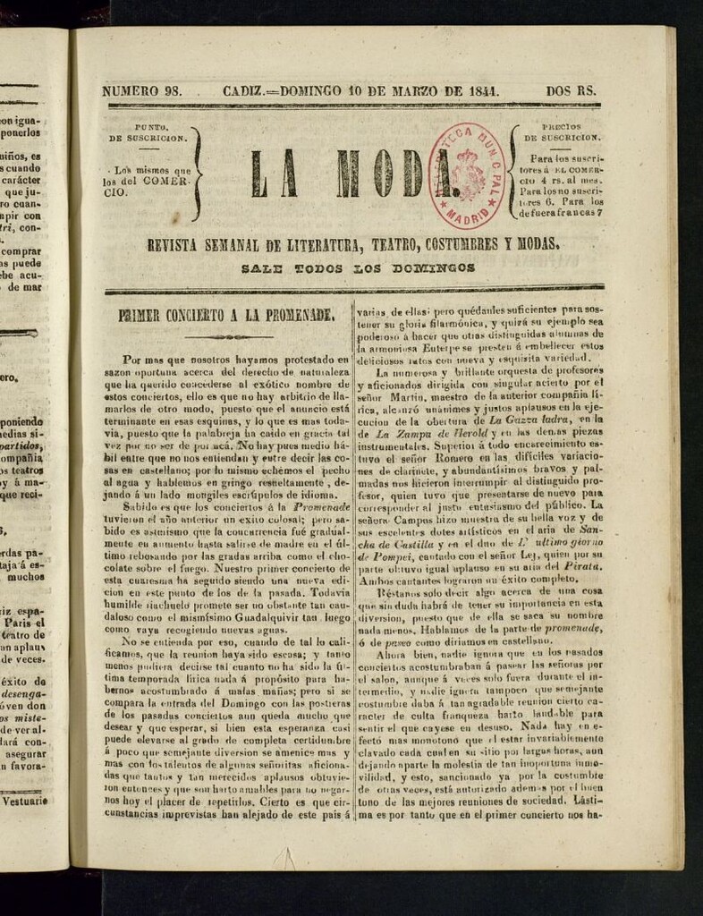Miniatura de La Moda : revista semanal de literatura, teatros, costumbres y modas del 10 de marzo de 1844
