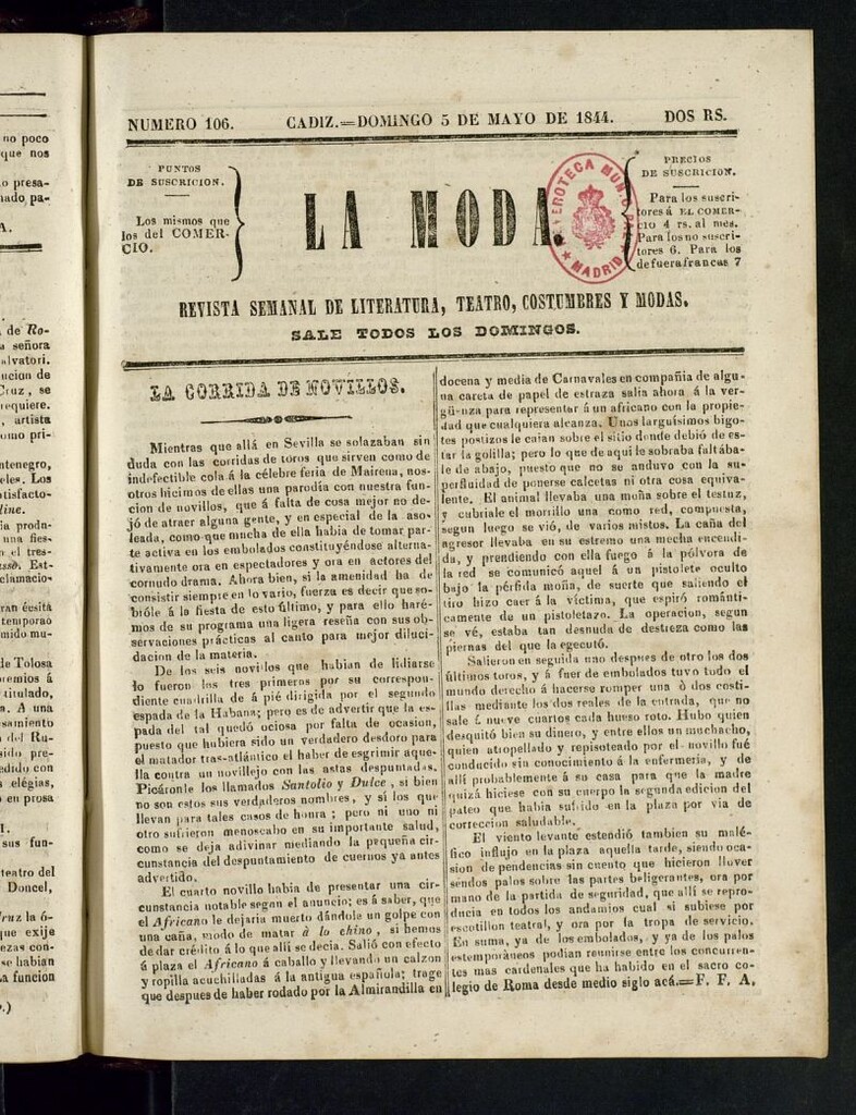 Miniatura de La Moda : revista semanal de literatura, teatros, costumbres y modas del 5 de mayo de 1844