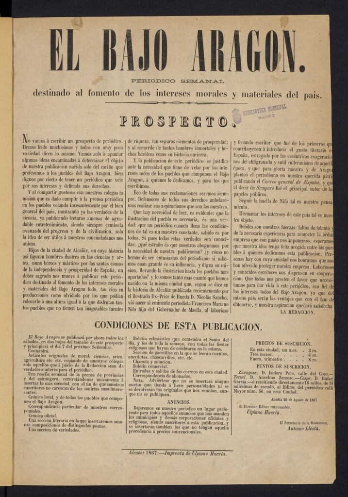 Miniatura de El Bajo Aragón: periódico semanal destinado al fomento de los intereses morales y materiales del país