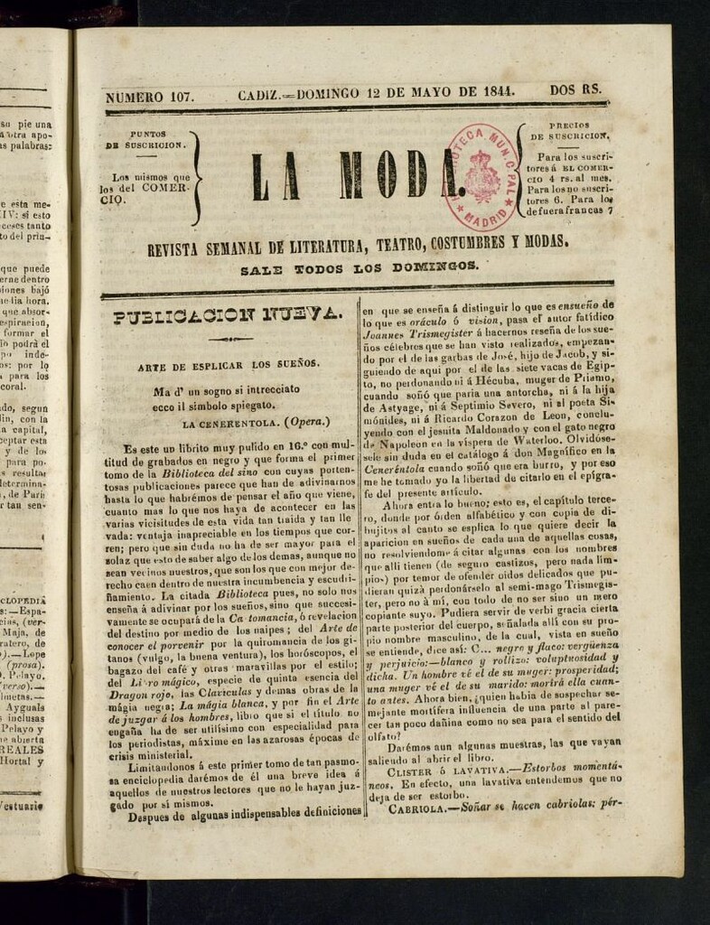 Miniatura de La Moda : revista semanal de literatura, teatros, costumbres y modas del 12 de mayo de 1844