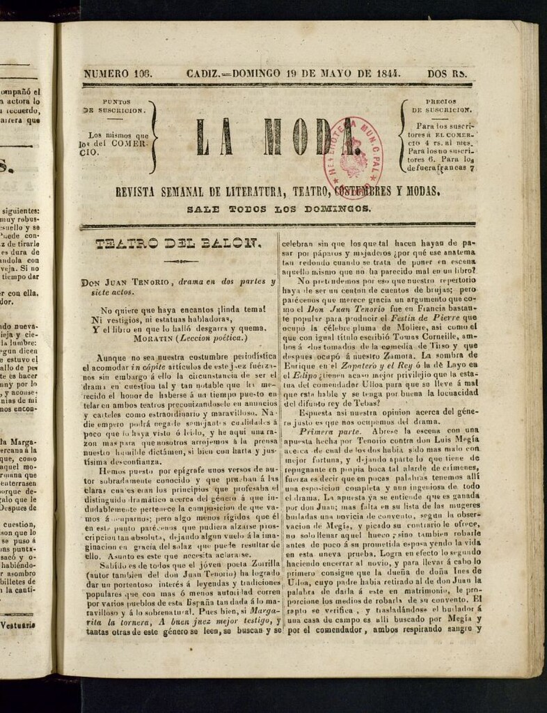 Miniatura de La Moda : revista semanal de literatura, teatros, costumbres y modas del 19 de mayo de 1844