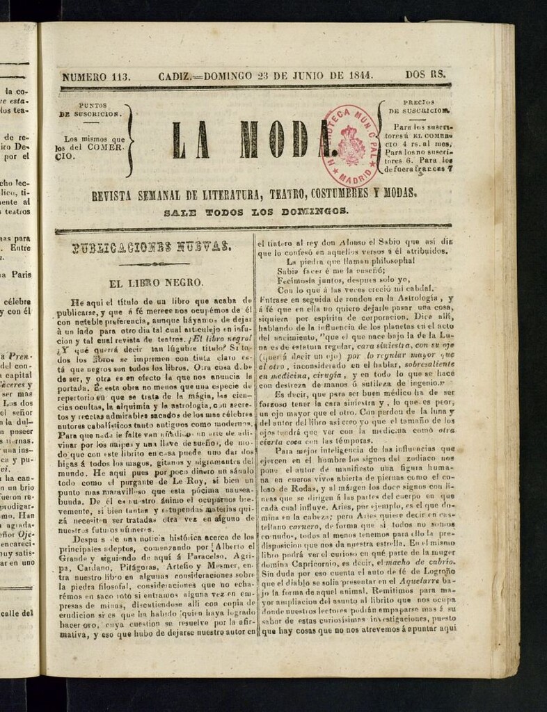 Miniatura de La Moda : revista semanal de literatura, teatros, costumbres y modas del 23 de junio de 1844