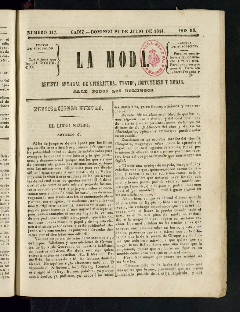 Miniatura de La Moda : revista semanal de literatura, teatros, costumbres y modas del 21 de julio de 1844