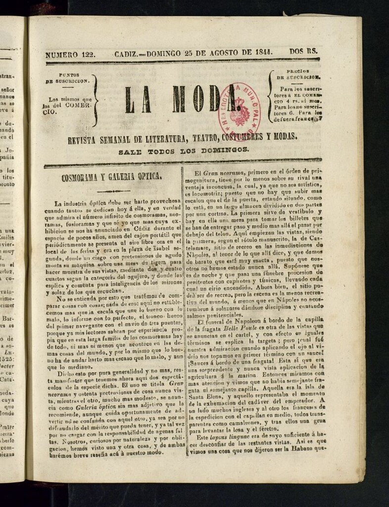 Miniatura de La Moda : revista semanal de literatura, teatros, costumbres y modas del 25 de agosto de 1844