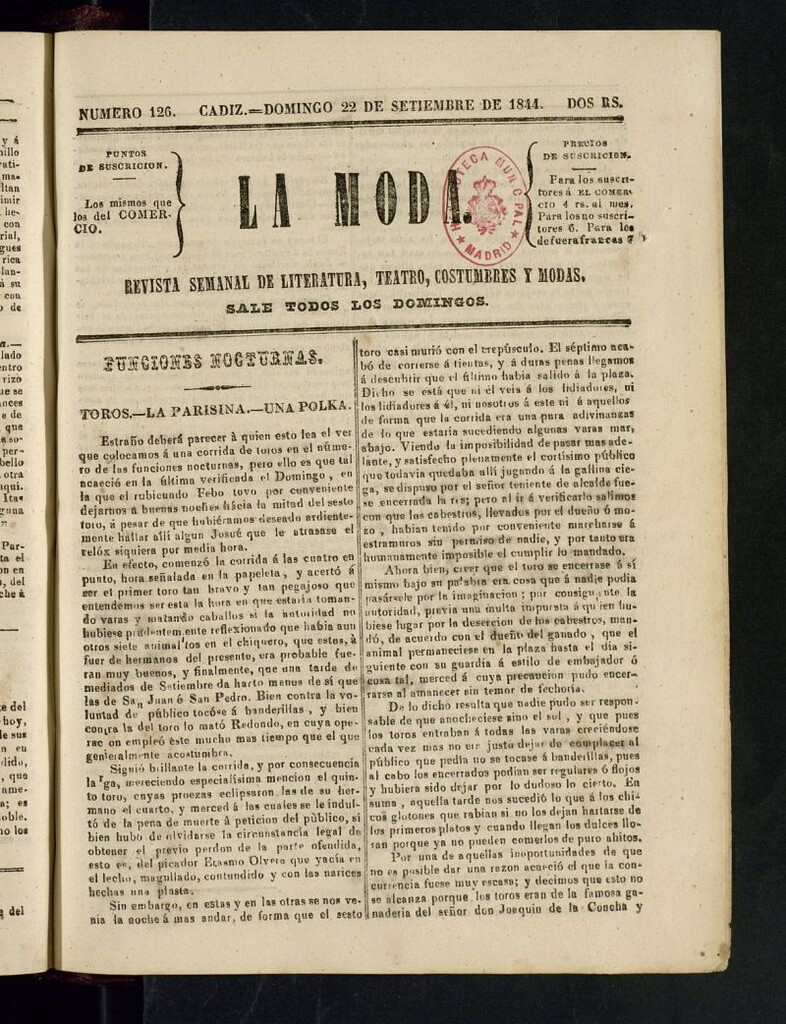 Miniatura de La Moda : revista semanal de literatura, teatros, costumbres y modas del 22 de septiembre de 1844