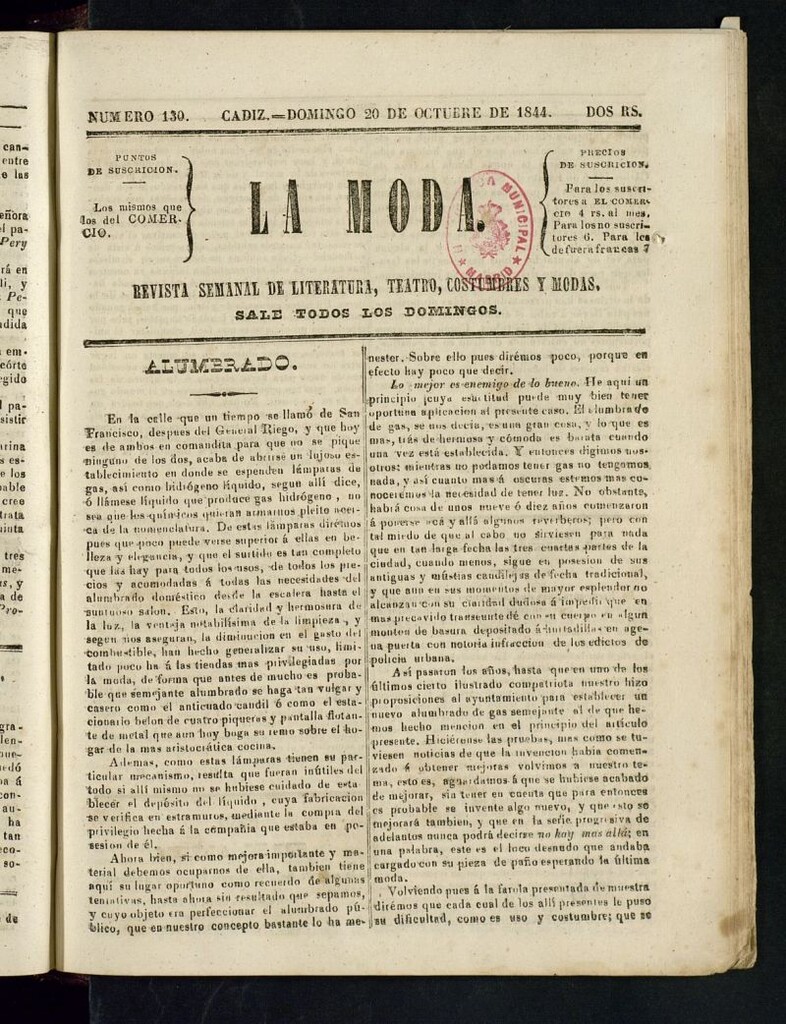 Miniatura de La Moda : revista semanal de literatura, teatros, costumbres y modas del 20 de octubre de 1844