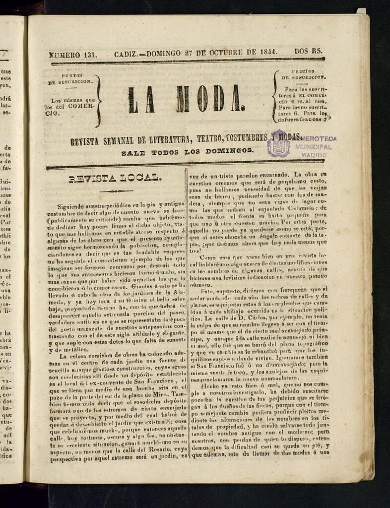 Miniatura de La Moda : revista semanal de literatura, teatros, costumbres y modas del 27 de octubre de 1844