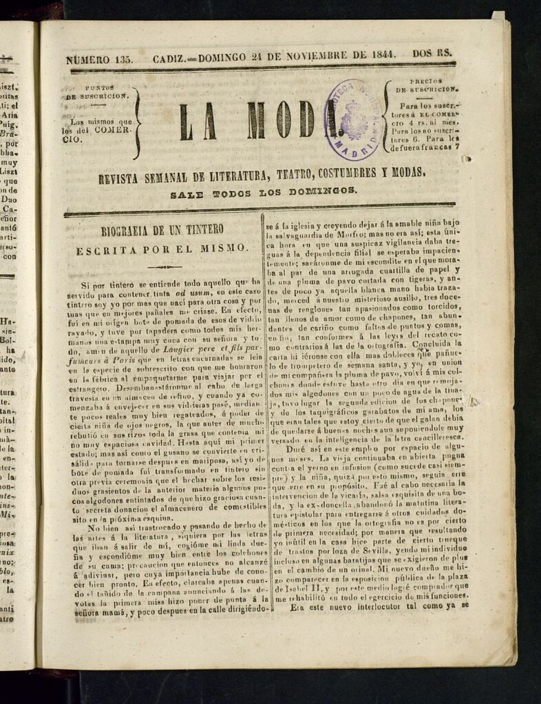 Miniatura de La Moda : revista semanal de literatura, teatros, costumbres y modas del 24 de noviembre de 1844