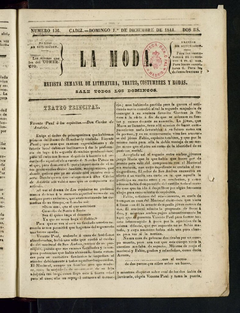Miniatura de La Moda : revista semanal de literatura, teatros, costumbres y modas del 1 de diciembre de 1844