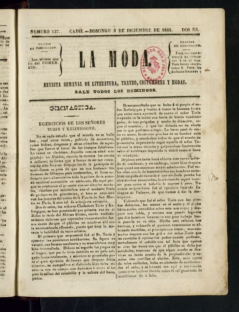 Miniatura de La Moda : revista semanal de literatura, teatros, costumbres y modas del 8 de diciembre de 1844