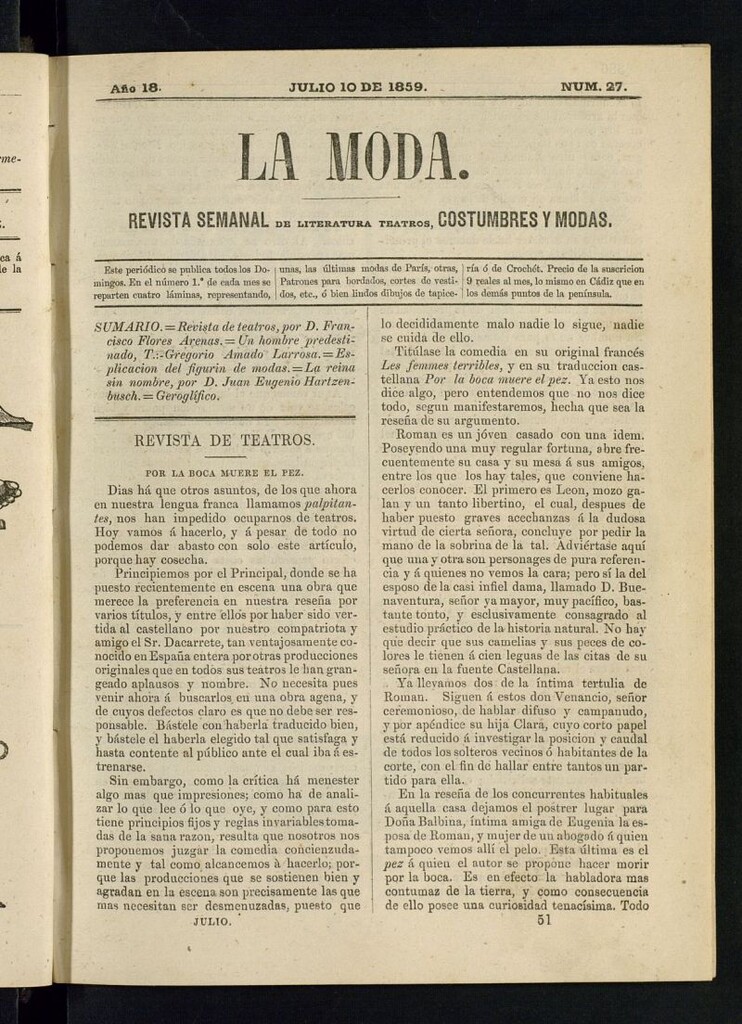 Miniatura de La Moda : revista semanal de literatura, teatros, costumbres y modas del 10 de julio de 1859