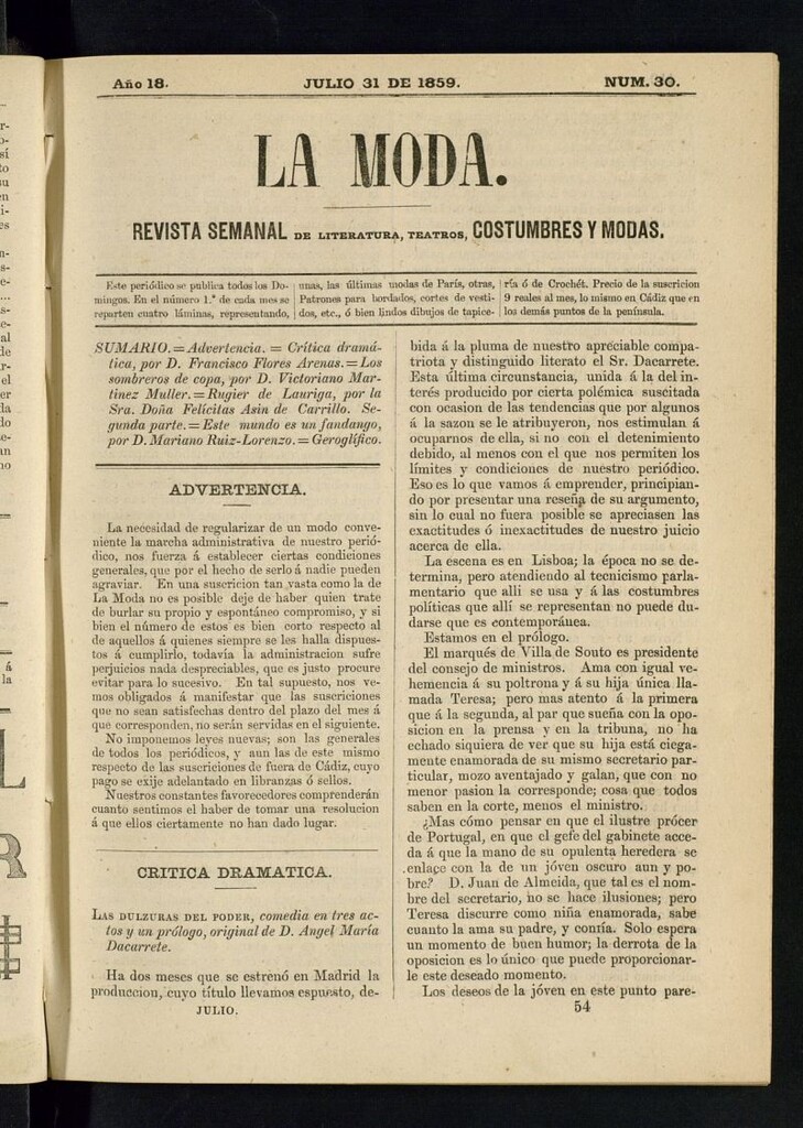 Miniatura de La Moda : revista semanal de literatura, teatros, costumbres y modas del 31 de julio de 1859