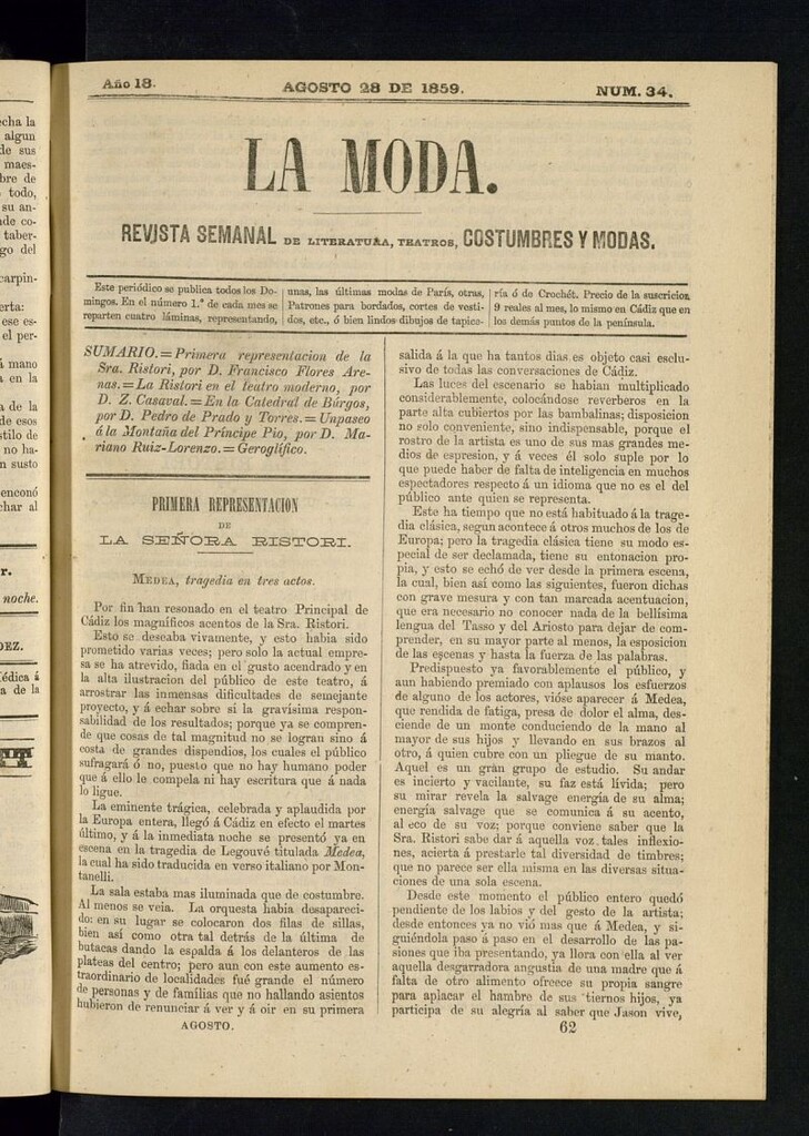 Miniatura de La Moda : revista semanal de literatura, teatros, costumbres y modas del 28 de agosto de 1859