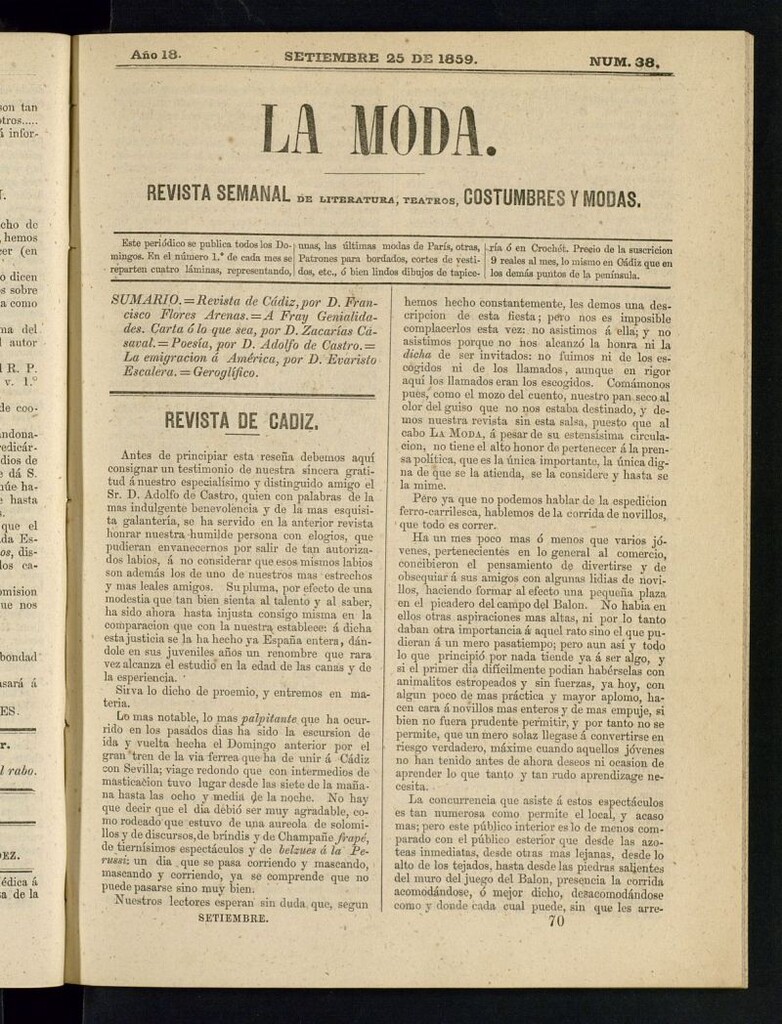 Miniatura de La Moda : revista semanal de literatura, teatros, costumbres y modas del 25 de septiembre de 1859