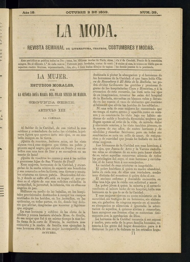 Miniatura de La Moda : revista semanal de literatura, teatros, costumbres y modas del 2 de octubre de 1859