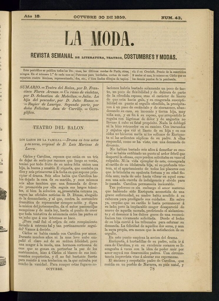 Miniatura de La Moda : revista semanal de literatura, teatros, costumbres y modas del 30 de octubre de 1859