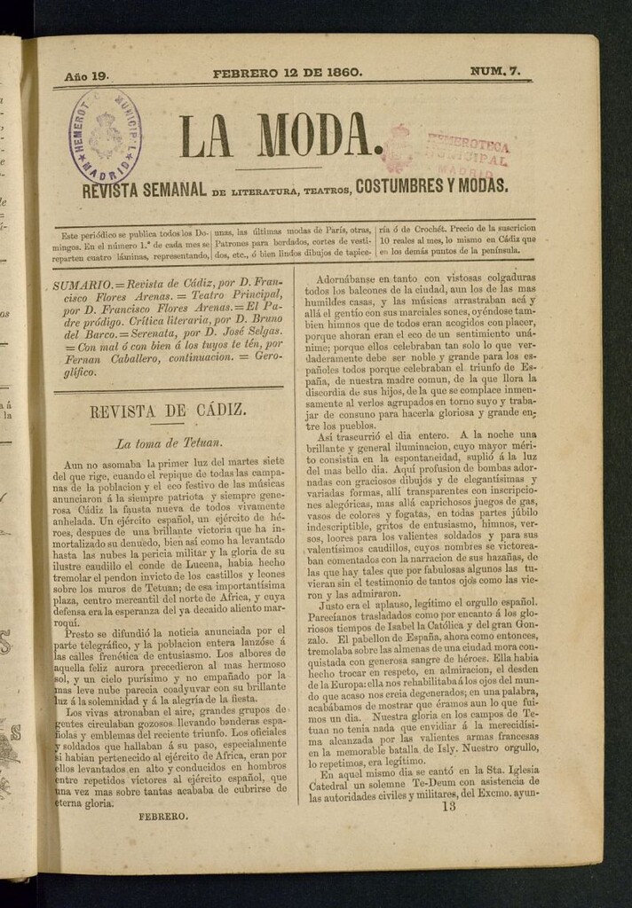Miniatura de La Moda : revista semanal de literatura, teatros, costumbres y modas del 12 de febrero de 1860