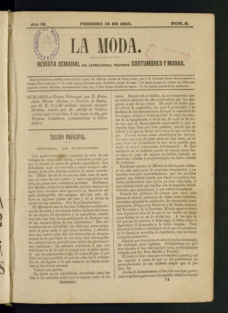 Miniatura de La Moda : revista semanal de literatura, teatros, costumbres y modas del 19 de febrero de 1860