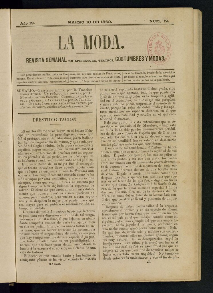 Miniatura de La Moda : revista semanal de literatura, teatros, costumbres y modas del 18 de marzo de 1860