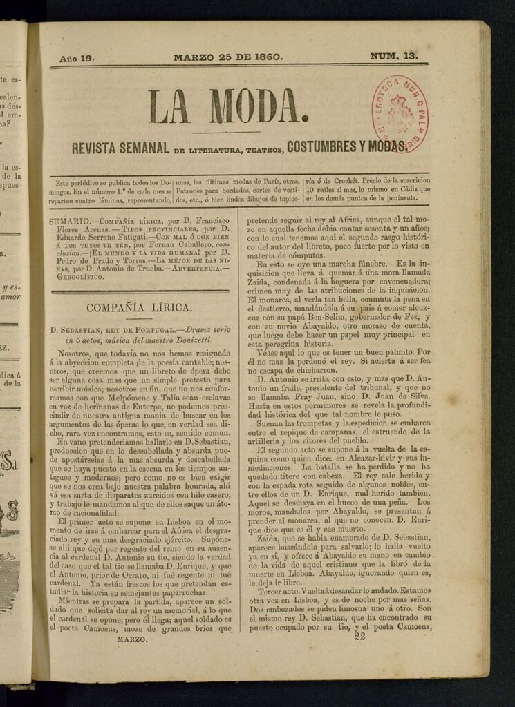 Miniatura de La Moda : revista semanal de literatura, teatros, costumbres y modas del 25 de marzo de 1860