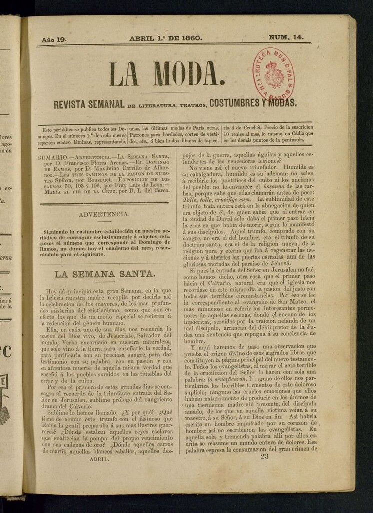 Miniatura de La Moda : revista semanal de literatura, teatros, costumbres y modas del 1 de abril de 1860