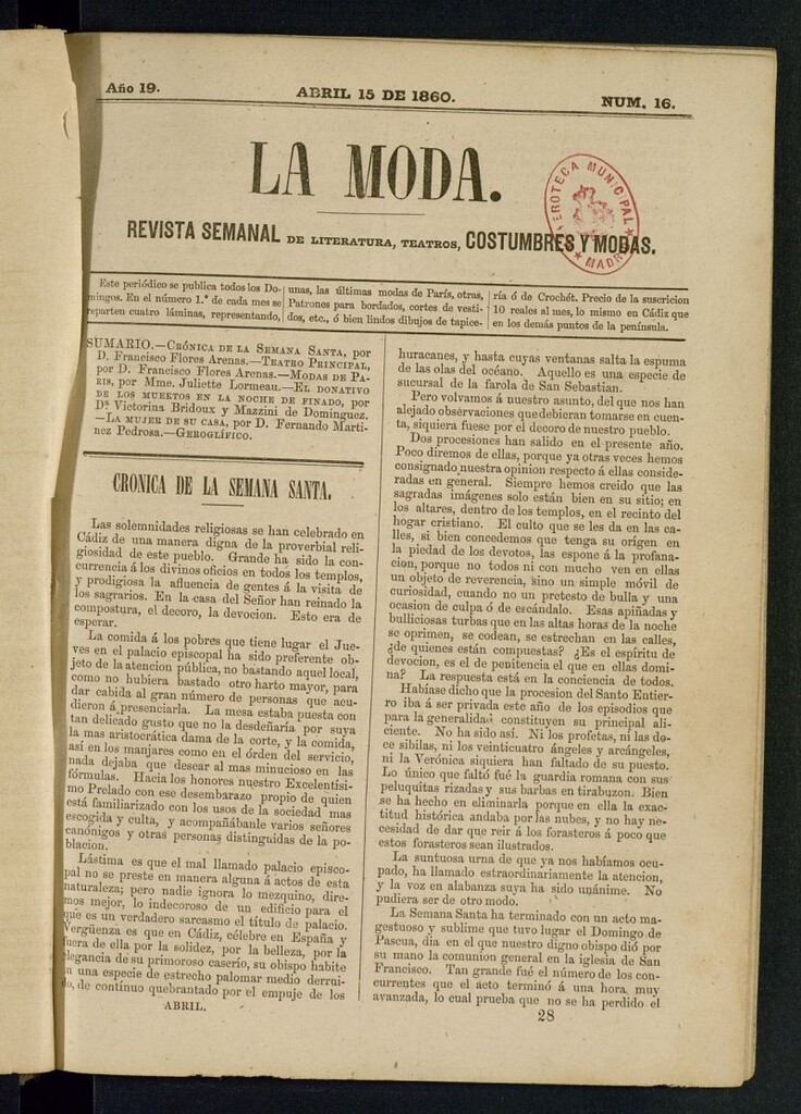 Miniatura de La Moda : revista semanal de literatura, teatros, costumbres y modas del 15 de abril de 1860