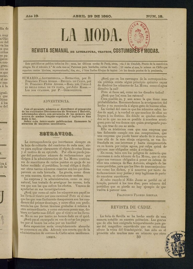 Miniatura de La Moda : revista semanal de literatura, teatros, costumbres y modas del 29 de abril de 1860